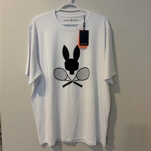 Psycho Bunny Men’s Courtside White Sport Tee with Black Bunny and Rackets NWT!